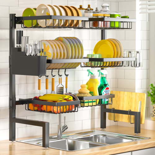 Over The Sink Dish Drying Rack, 24.8"-35.4" Expandable Length & Height,3-Tiers Large Dish Drying Rack Stainless Steel Dish Racks for Kitchen Counter