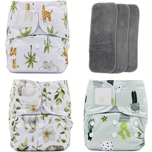 3 pcs Hook and Loop Fasteners Design Baby Reusable Cloth Diapers with 3 Microfier Inserts (Animals Prints)