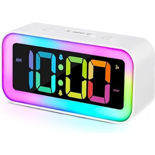 Cadmos Loud Alarm Clock for Bedrooms with Dynamic RGB Night Light,Heavy Sleepers Adults,Dual Alarm,Dimmer,USB Charger,Small Bedside Digital Clock with Led Display for Kids,Teens,Seniors (White)