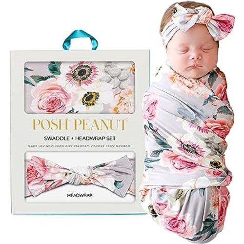 Posh Peanut Baby Swaddle Blanket & Headband - Matching Newborn Girl Swaddle Set, Use As a Receiving Blanket or Nursing Cover (French Gray)