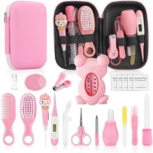 Baby Healthcare and Grooming Kit, 20 in 1 Baby Safety Set Newborn Nursery Health Care Set with Hair Brush Scale Nail Clippers for Baby Girls Boys(20 Kits Pink)
