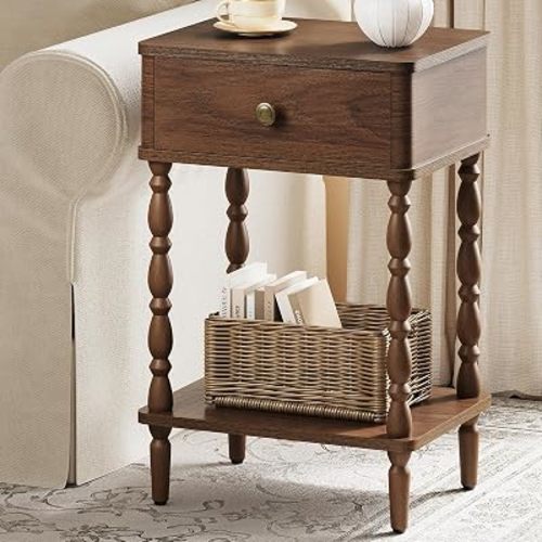 Yoobure Small Side Table with Drawer - Walnut Night Stand with Wood Legs