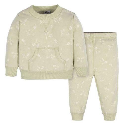 Gerber Baby and Toddler Girls' 2-Piece Sweatshirt & Active Pant Set, Color: Green leaves, Size: 0-3 months