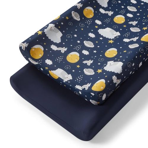TILLYOU Changing Pad Cover Set in Soft Jersey Material - Fits 32"/34''x16 Contoured Pad for Babies, Starry Adventure and Dark Blue