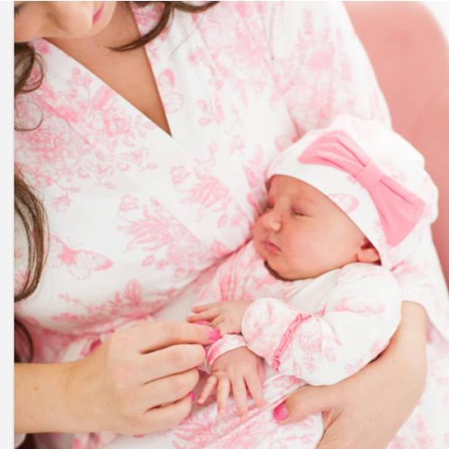 Women's Pink Butterfly Garden Toile Bamboo Viscose Mommy & Me Maternity Robe: White / One Size