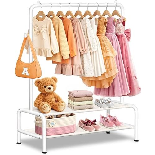 Kids Clothing Rack - Dress Up Clothes Rack - Baby Toddler Closet - Mini Freestanding Coat Racks with 2 Fabric Shelves - Small Kids Costume Wardrobe - Garment Rack for Hanging Clothes Organizer