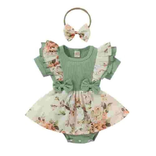TAIAOJING Baby Romper Girls Ruffles Short Sleeve Floral Printed Bowknot Ribbed Bodysuits Headbands Outfits Onesie Outfit 6-9 Months