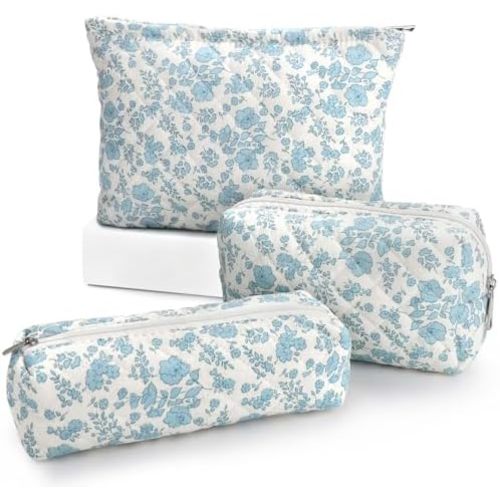 EIMMBD Makeup Bag 3 Pieces Large Capacity Cosmetic Bag Travel Toiletry Bag Organizer Cute Makeup Bag Pouch Storage Bag for Women(Blue White)