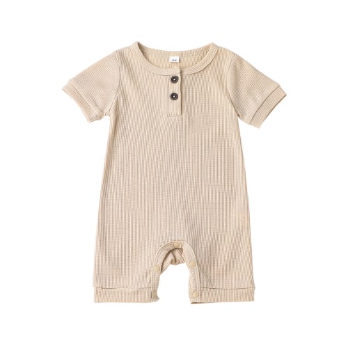 Newborn Baby Boy Girl Summer Clothes Short Sleeve Waffle Knit Button Romper One Piece Bodysuit Jumpsuit