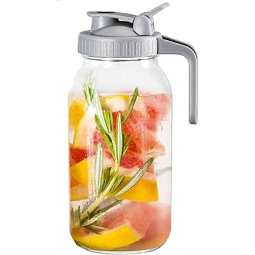 Mason Jar Glass Pitcher, 64 Oz Heavy Duty Filter Water Jug with Pour Spout Handle Lid for Storage Cold Brew Coffee, Ice Beverage, Iced Milk, Juice, Lemonade, Sun Tea, Fruit Tea