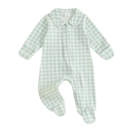 BULINGNA Newborn Baby Boy Girl Gingham Footed Romper Peter Pan Collar Infant Long Sleeve Zipper Jumpsuit Coming Home Outfit