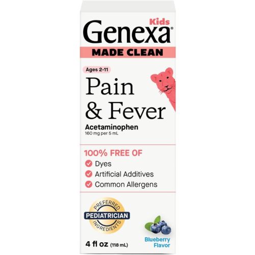 Genexa Children's Clean Acetaminophen | Pain & Fever Reducer for Kids | Kids Medicine, Dye Free Acetaminophen, 0% Artificial Additives | Ages 2-11, Delicious Organic Blueberry Liquid, 4 fl oz