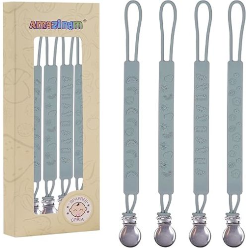 One Piece Design Silicone Pacifier Clip Holder for Baby Boys and Girls,Pack of 4 Flexible Paci Leash,Binky Clips,Newborn Essentials (Metal Clip, Gray)