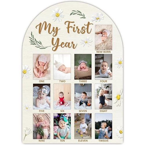 SIXEIGHT My First Year Milestone Photo Board, Baby Milestone Signs, 12 Months Wooden Picture Frame, Nursery Gender Neutral Gifts for Girl Boy, Best Gifts for 1st Birthday Baby Shower Decorations-A03