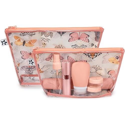 Tiny Twinkle Mess-proof Travel Bags, Airline Compliant, Zipper Closure, Clear Front Pouch, Diaper Bag Packing, Toiletry or Cosmetics Organizer 2 Pack Set (Flutter)