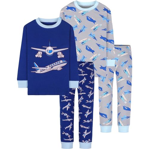 DAUGHTER QUEEN Boys Pajamas 4 Pieces Long Set 100% Cotton Sleepwear Size 18 Months-12 Years - 2T - 4pcs-blue/Grey-airplane-lba22