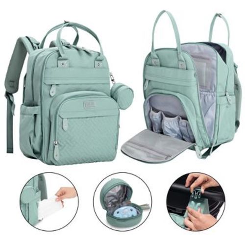 BabbleRoo Diaper Bag Backpack Stylish 26L Hands Free Baby Bag with Changing Pad, Stroller Straps & Water-Resistant, Sage Green, Large