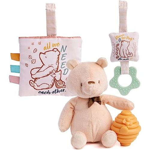 KIDS PREFERRED Classic Pooh 4 Piece Set with Pooh Stuffed Animal, Squeaker Toy, Crinkle Square, and Teether