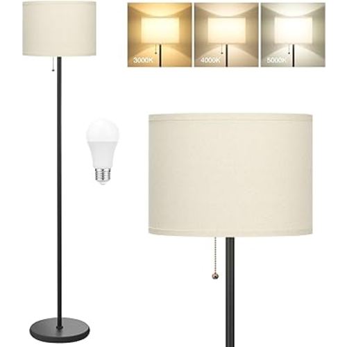 Ambimall Floor Lamp for Bedroom, 3 Color Temperature LED Floor Lamp with Pull Chain Switch, Modern Standing Lamps for Living Room, Office, Kids Room, Reading(Bulb Included)