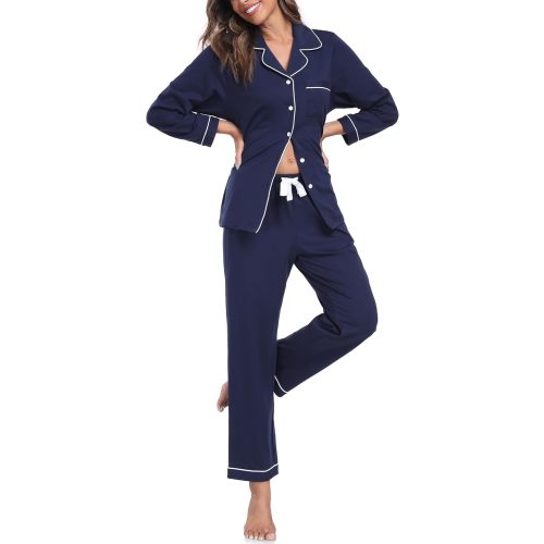 ANLIQI 100% Cotton Pajamas for Women Button Down Pajamas Long Sleeve Top & Pant Sleepwear Loungewear Pj Set with Pockets