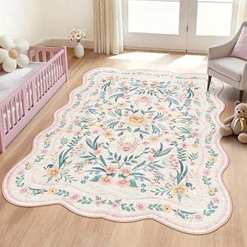Pink Floral Rug 5X7 for Girls Bedroom or Nursery, Scalloped Washable Non-Slip Area Rug, Cute Soft Boho Carpet for Kids Room, Dorm, or Playroom