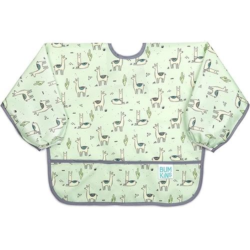 Bumkins Sleeved Bib for Girl or Boy, Baby and Toddler for 6-24 Mos, Essential Must Have for Eating, Feeding, Baby Led Weaning Supplies, Long Sleeve Mess Saving Food Catcher, Soft Fabric, Llama Green