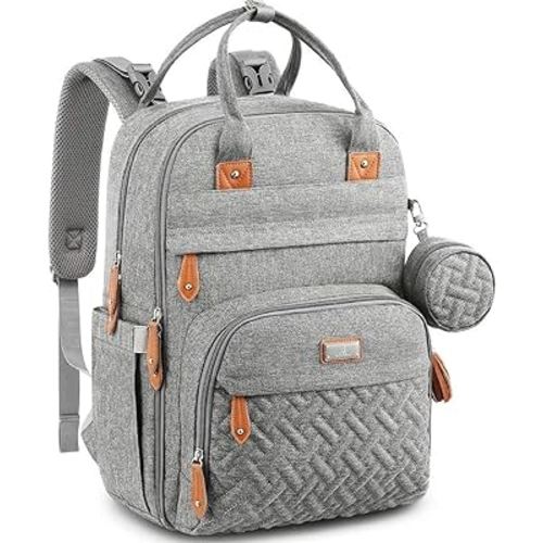 BabbleRoo Waterproof Diaper Bag Backpack - Baby Essentials Travel Tote - Multi function with Changing Pad, Stroller Straps & Pacifier Case - Unisex, Light Gray
