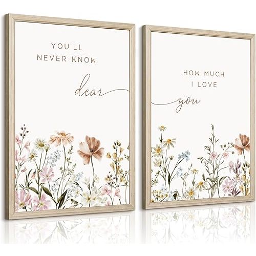 Girl Nursery Floral Wall Art Decor Boho Wildflower Canvas Wall Decor Baby Girl Room Flower Poster Vintage Nursery Botanical Art Prints Pink Coastal Pictures for Toddler Bedroom 12x16x2 Inch Framed