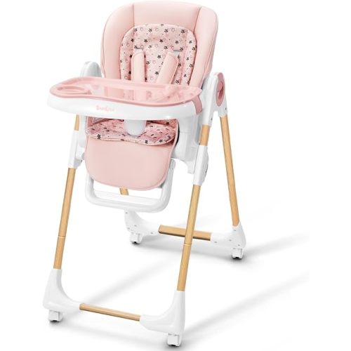 Foldable High Chair with Soft Cushion, High Chairs for Babies and Toddlers, Height Adjustable Feeding Chair, Adjustable Backrest and Footrest, Lockable Wheels, Woodgrain Star Pink