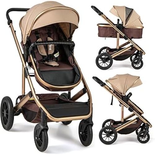 INFANS 2 in 1 Baby Stroller, Folding Newborn Pram Convertible Stroller Bassinet for Infant Foldable High Landscape Shock Absorption with Reversible Seat Aluminum Structure for Pushchair (Khaki)