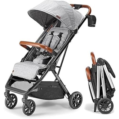 Bombi Bēbee V2 Lightweight Baby Stroller - Premium Vegan Leather, One-Hand Fold, Infinite Recline, Aircraft-Grade Aluminum Frame, XXL Canopy, and Ample Storage Umbrella Stroller - Stone Gray