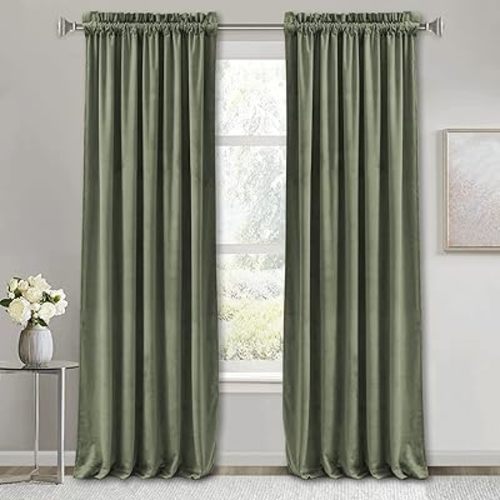 RYB HOME Room Darkening Velvet Curtains 2 Panels Set, Luxury Window Treatment Privacy Thermal Insulated Backdrops for Living Room, 52 inch x 84 inches, Sage Green