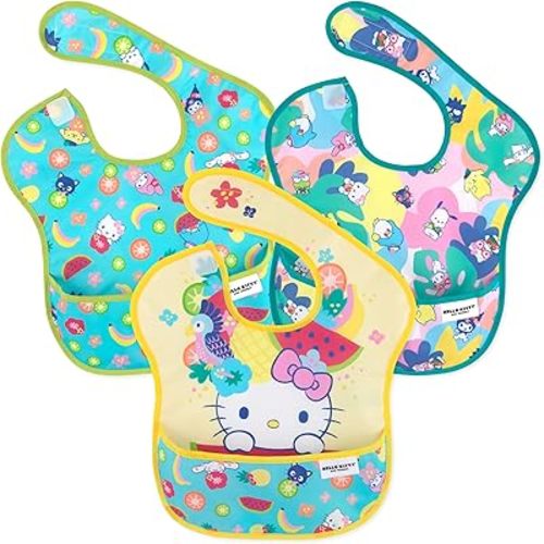 Bumkins Bibs for Girl or Boy, SuperBib Baby and Toddler 6-24 Months, Essential Must Have for Eating, Feeding, Baby Led Weaning Supplies, Mess Saving Catch Food, Fabric 3-pk Hello Kitty and Friends