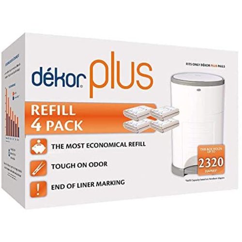 Dekor Plus Diaper Pail Refills | 4 Count | Most Economical Refill System | Quick & Easy to Replace | No Preset Bag Size – Use Only What You Need | Exclusive End-of-Liner Marking | Baby Powder Scent