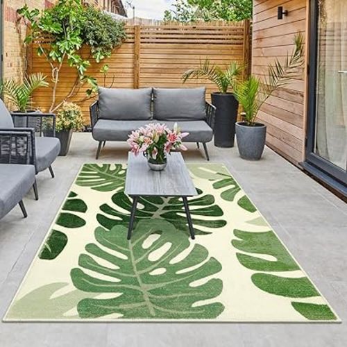 Lukinbox Leaf Indoor Outdoor Area Rugs for Patio, 4x6 Green Washable Living Room Rug Tropical Monstera Plant Non-Slip Bedroom Rugs, Soft Entryway Throw Carpets for Dinning Room Porch