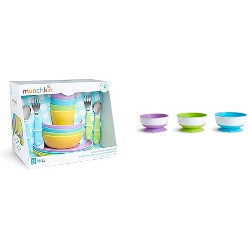 Munchkin® 16pc Baby and Toddler Feeding Supplies Set - Includes Plates, Bowls, Cups and Utensils & Stay Put™ Suction Bowls for Babies and Toddlers, 3 Pack, Blue/Green/Purple