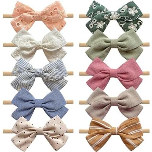 Cherssy Baby Girl Hair Bows and Headbands, 10pcs Stretchy Nylon Hairbands Elastic Hair Accessories for Newborn, Infant, Toddlers - 10Pack