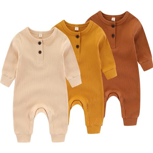 Newborn Baby Boys Girls One Piece Romper With Mitten Cuffs 3 Pack Long Sleeve Ribbed Button Jumpsuit Outfit Clothes