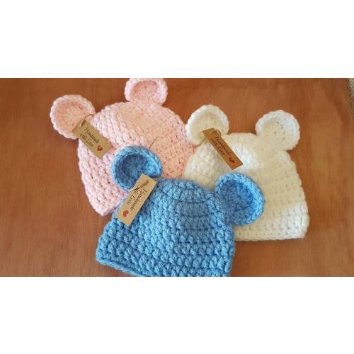 Baby Teddy bear beanie hat. Babies Teddy hat. Crochet Baby bear hat. From newborn to 12 months. 23 colours . Made to order.Actual item.