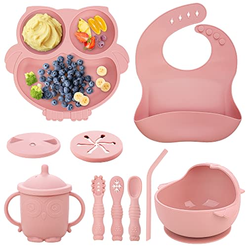 Bnditeu Baby Weaning Set - Silicone Toddler Feeding Set (10 Pcs) with Adjustable Bib, Suction Bowl, Plate, Fork, Spoon, Water & Snack Cup Kit - Baby Led Weaning Kit