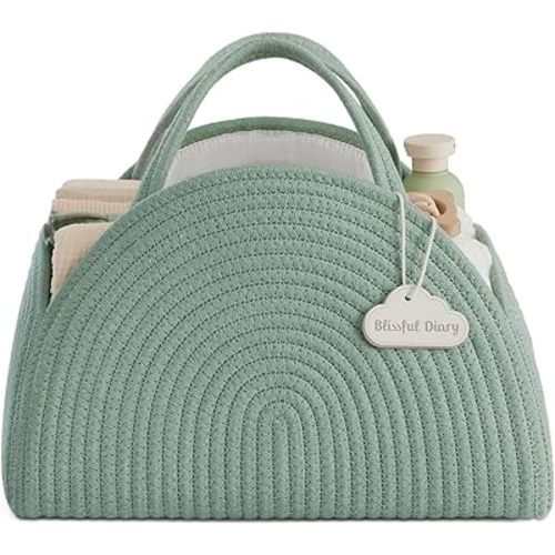 Blissful Diary Baby Diaper Caddy Organizer, Cotton Rope Diaper Caddy Basket, Large Baby Shower Caddy for Newborn Boys and Girls, Gift for Baby Shower List, Newborn Essentials Basket, Roman Green