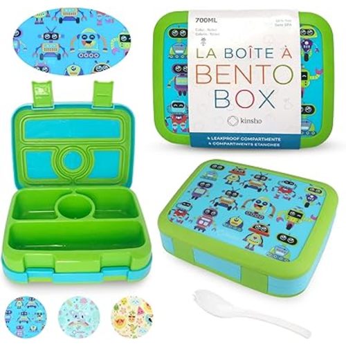 kinsho Bento Lunch Box for Kids Toddlers Boys, 4 Portion Sections Secure, BPA Free Removable Tray, Pre-School Kid Daycare Lunches Snack Container, Green Robot Ages 3 to 5