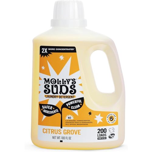 Molly's Suds Liquid Laundry Detergent | Clean Laundry Detergent Soap for Sensitive Skin | 2x Concentrated, High Efficiency (HE) (Citrus Grove - 200 Loads)
