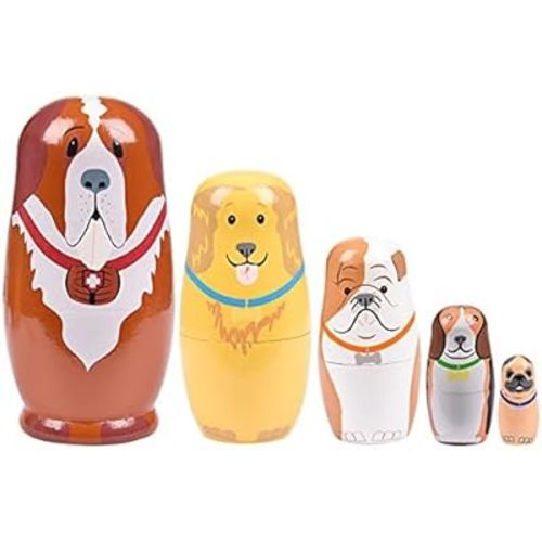 Russian Nesting Dolls, Stacking Wooden Handmade Matryoshka Dolls, 5 Pcs 6 "Tall Animal Nesting Easter Eggs Toys for Kids Toddlers Birthday or Home Decoration Gift (Dog)