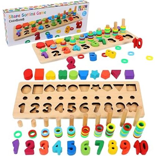 CozyBomB™ Montessori Educational Wooden Toys for Kids Toddler Number Puzzles Sorter Counting Shape Stacker Stacking Game Preschool Math Blocks Toys Gifts for Boy Girl Birthdays Christmas Holidays