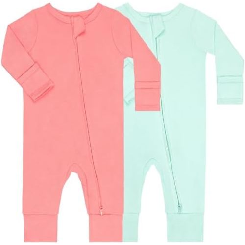 GUISBY Cotton Sleepers Footless Pajamas with Zipper and Mittens Long Sleeve Rompers for Baby