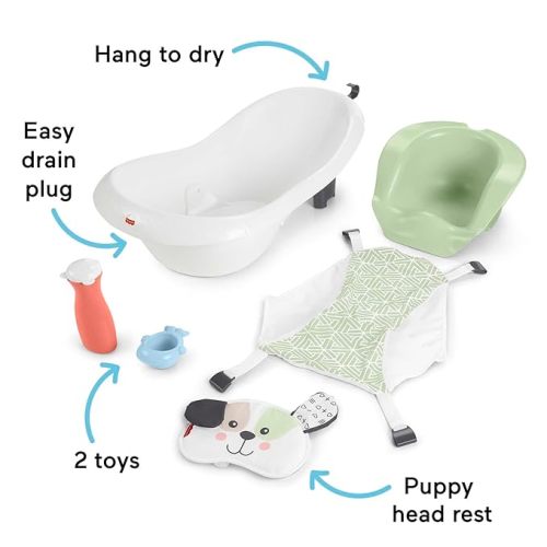 Fisher-Price Baby to Toddler Bath 4-in-1 Sling ‘n Seat Tub with Removable Infant Support and 2 Toys, Puppy Perfection - Exclusive Puppy Headrest