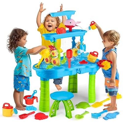 Water Table for Toddlers 3-5, 3-Tier Kids Splash Sand Table Water Toys, Rain Showers Splash Pond for Outdoor Beach Backyard Summer, Activity Play Table for Girls Boys