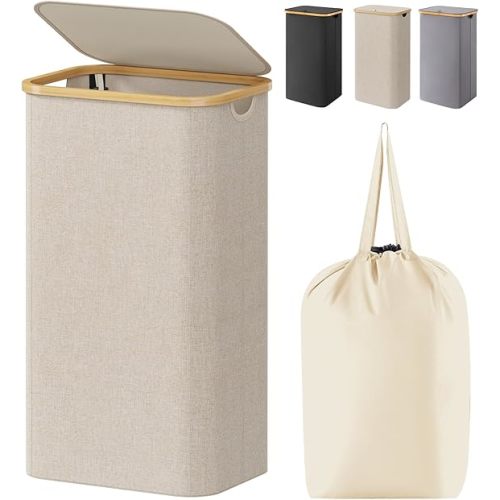 Lifewit 100L Laundry Basket with Lid, Clothes Hampers for Laundry with Bamboo Handles and A Removable Bag, Large Foldable Laundry Hamper for Bedroom, Bathroom, Dorm, Laundry Room, Beige