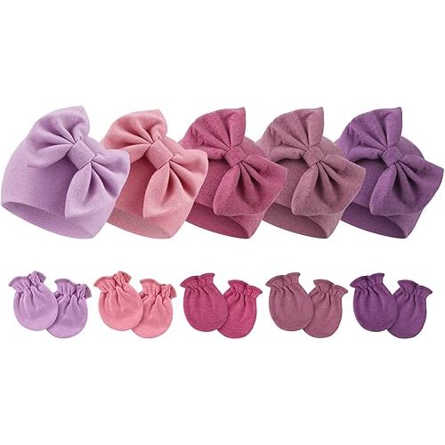 Newborn Baby Hats and Mittens Set Infant Bow Beanie Cap Toddler Gloves Newborn Hospital Hats for Baby Boy Girl 0-6 Months